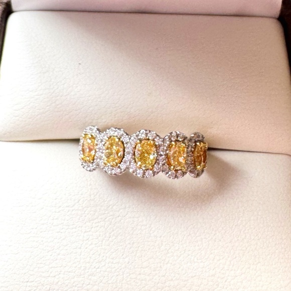 Fancy Yellow 5 Natural Diamond Eternity Ring Oval Cut 18K White Gold, Size 6 - Picture 1 of 16